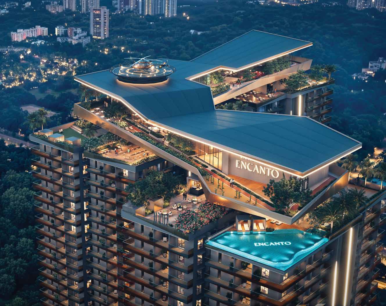 Encanto terrace sky crown with infinity pool at night
